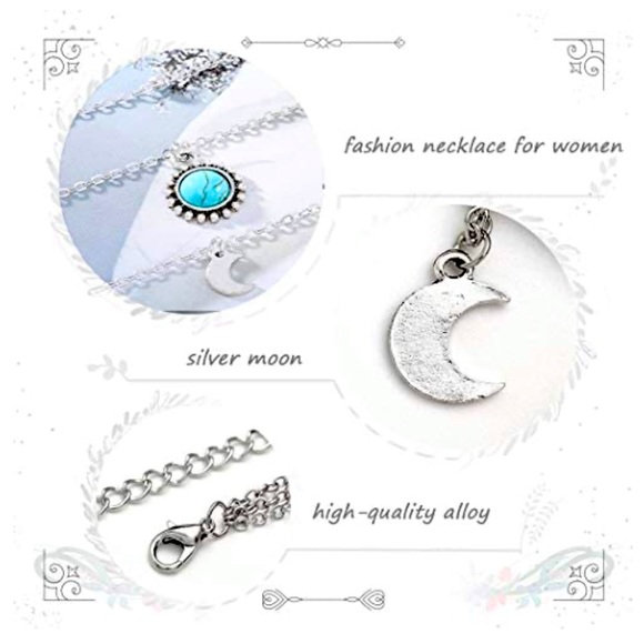 🎁 BOHO SILVER LAYERED TURQUOISE MOON NECKLACE 🌙 - Picture 3 of 6
